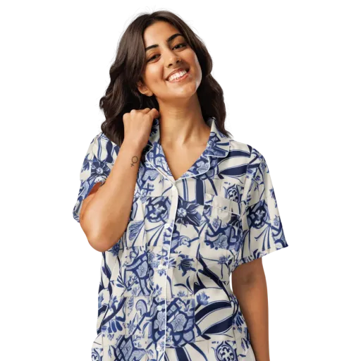 Cobalt Delft Reverie on a Women's Short Sleeve Pajama Top