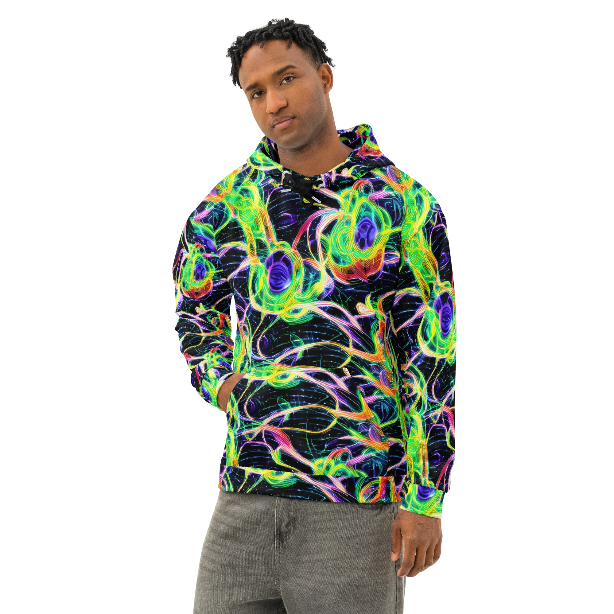 Neon Cell Garden on Cotton Hoodie — Left Front