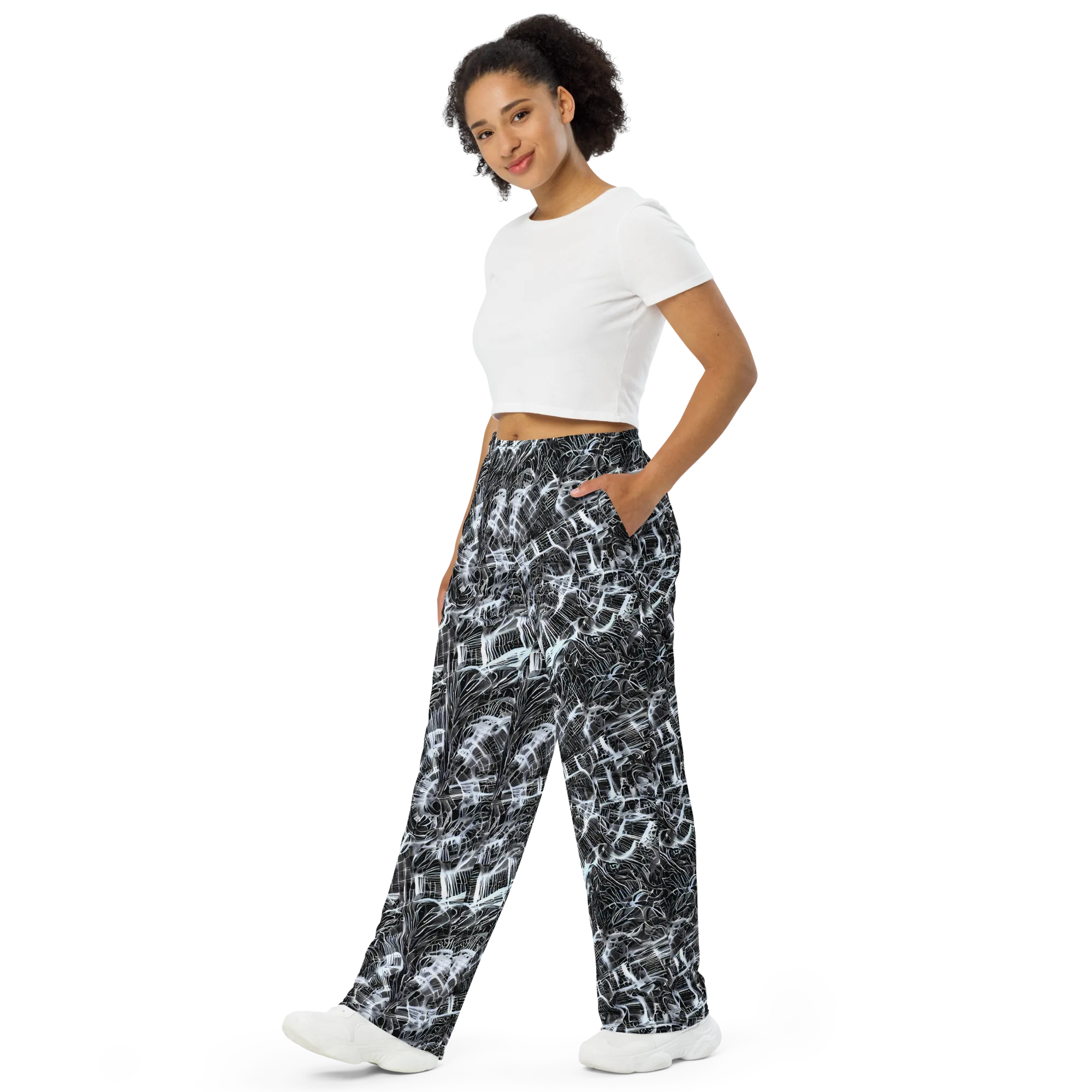Silver Static on Wide-Leg Pants — Left Front