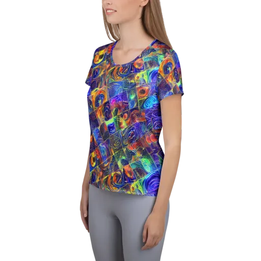 Vivid Vertigo on a Women's Athletic T-Shirt