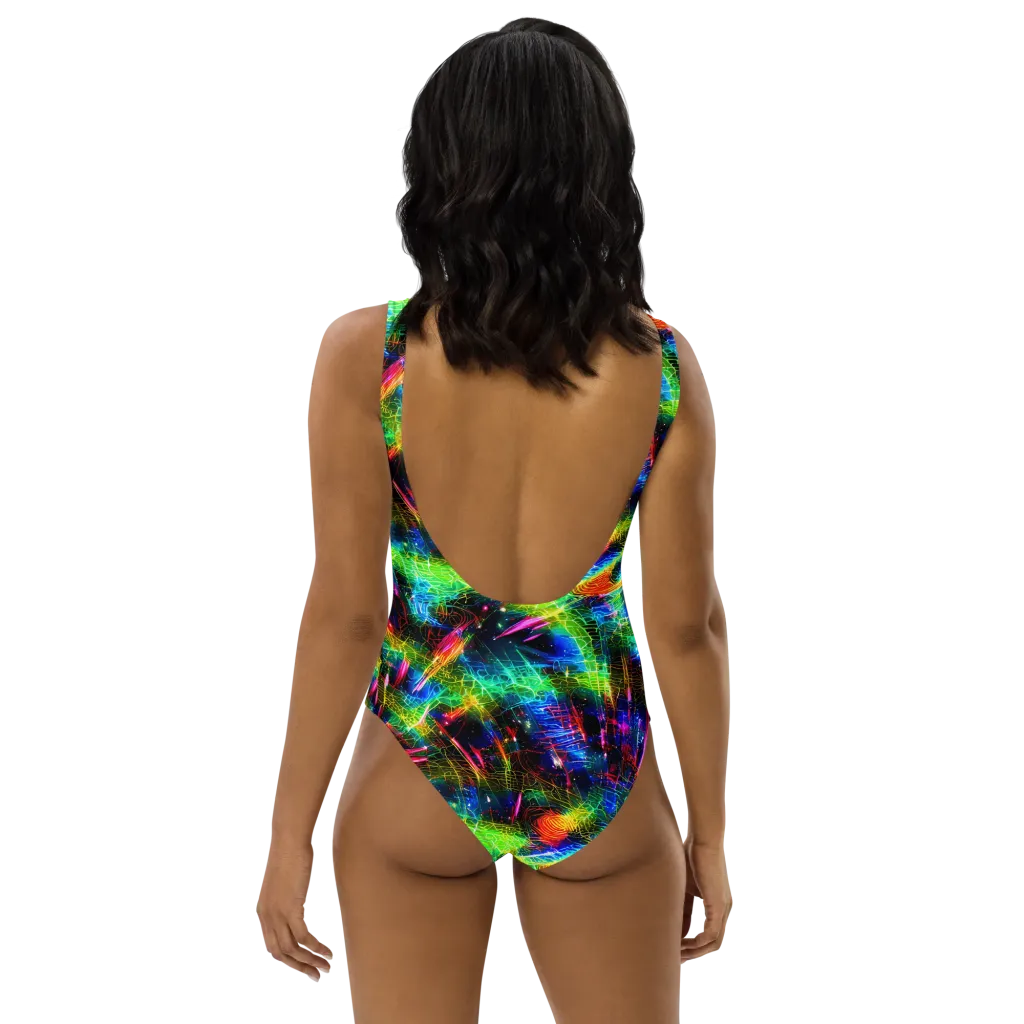 Neon Pulse on One-Piece Swimsuit — Back
