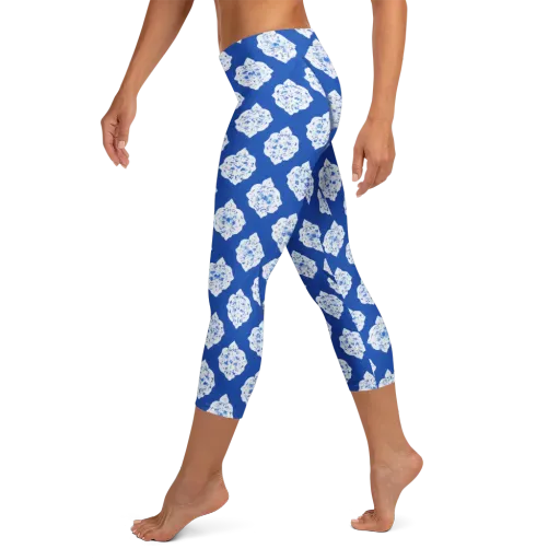 Blue Porcelain Bloom on a Capri Leggings