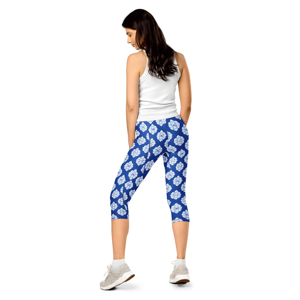 Blue Porcelain Bloom on Capri Leggings — Back