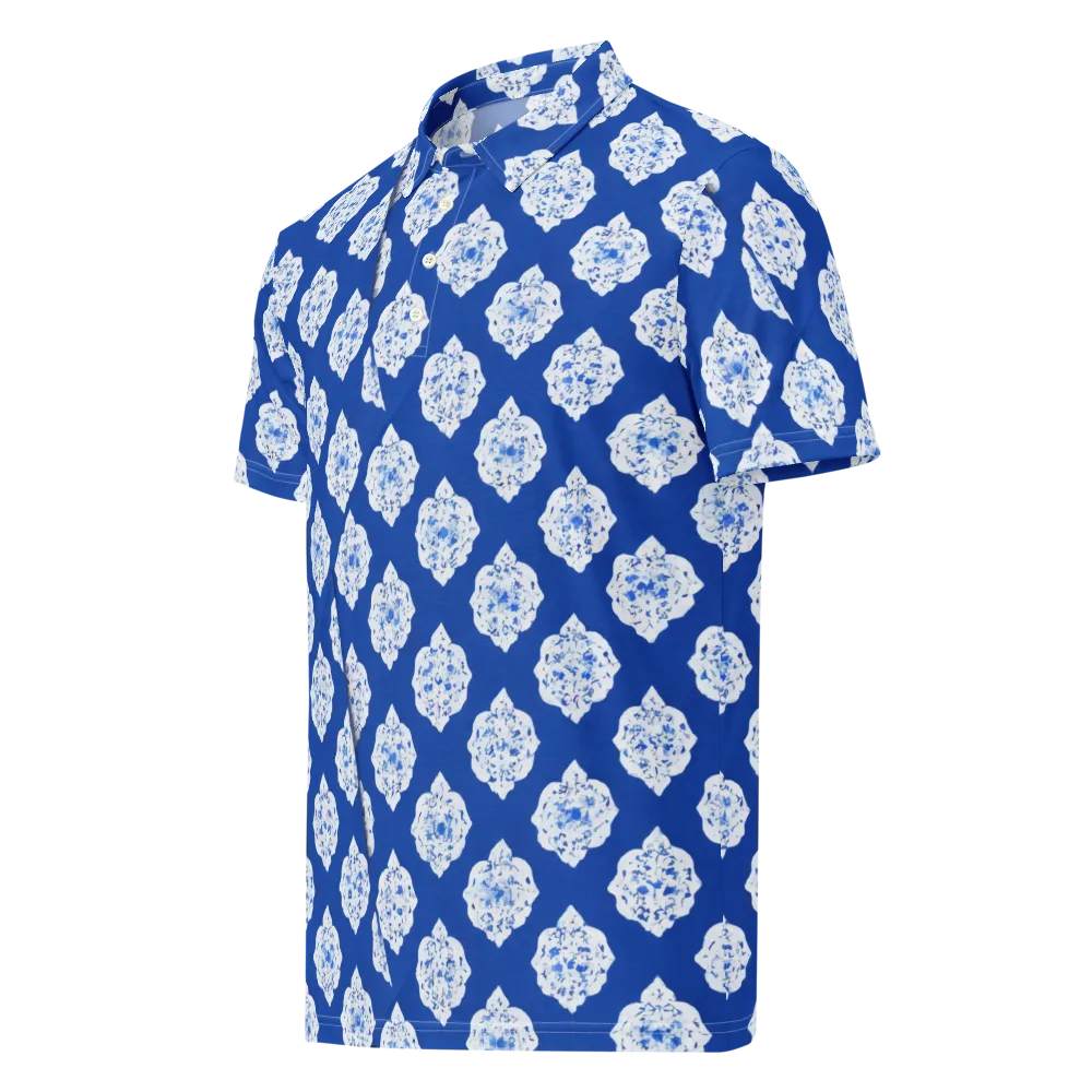 Blue Porcelain Bloom on Men's Slim Fit Polo Shirt — Left Front
