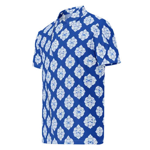 Blue Porcelain Bloom on a Men's Slim Fit Polo Shirt