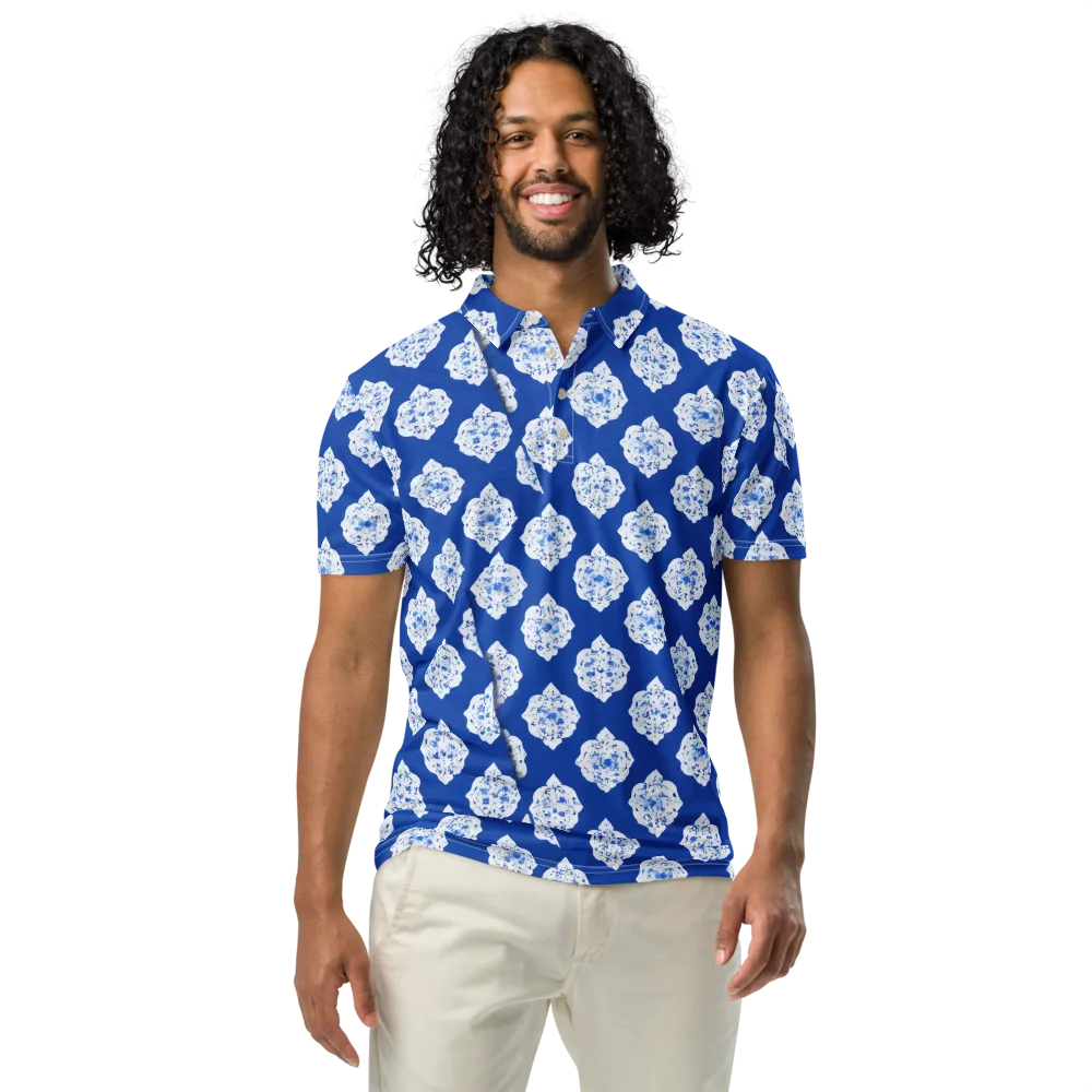 Blue Porcelain Bloom on Men's Slim Fit Polo Shirt — Front