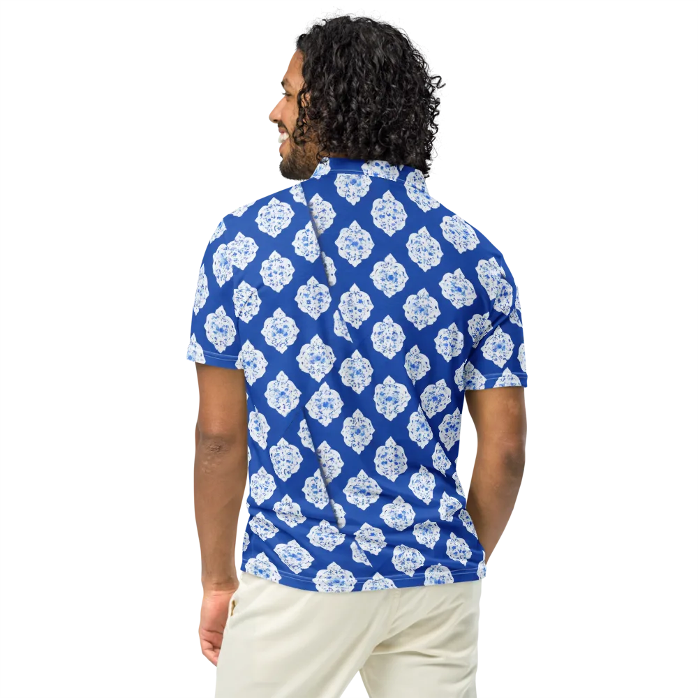Blue Porcelain Bloom on Men's Slim Fit Polo Shirt — Back