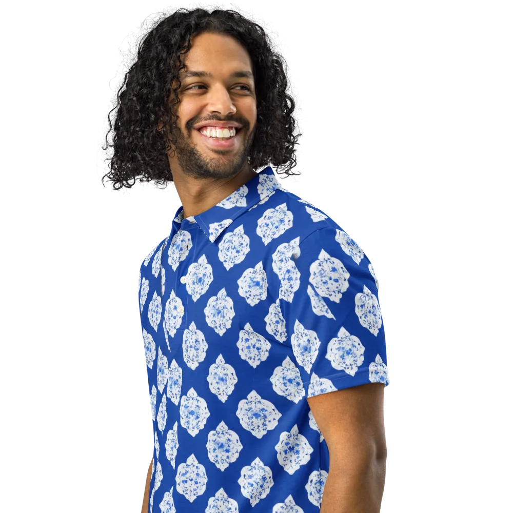 Blue Porcelain Bloom on Men's Slim Fit Polo Shirt — Left Front