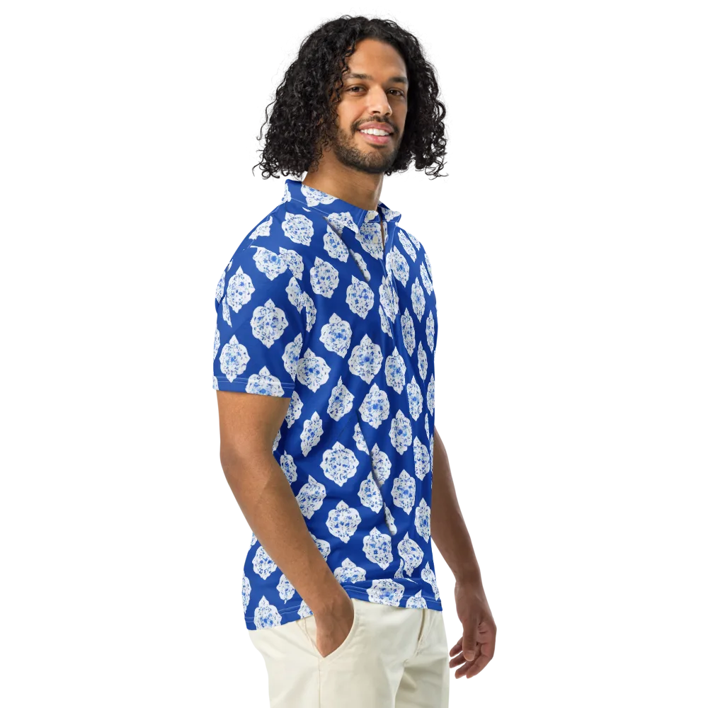 Blue Porcelain Bloom on Men's Slim Fit Polo Shirt — Right Front