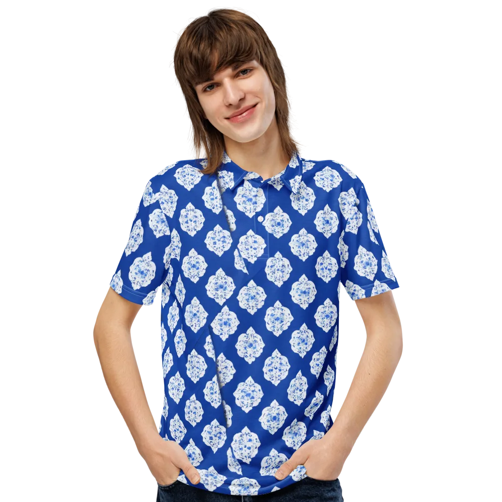 Blue Porcelain Bloom on Men's Slim Fit Polo Shirt — Front
