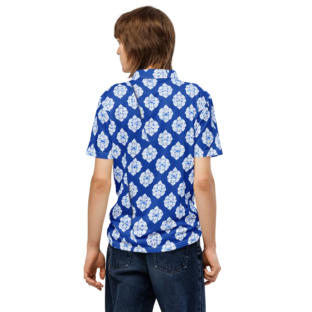 Blue Porcelain Bloom on Men's Slim Fit Polo Shirt — Back