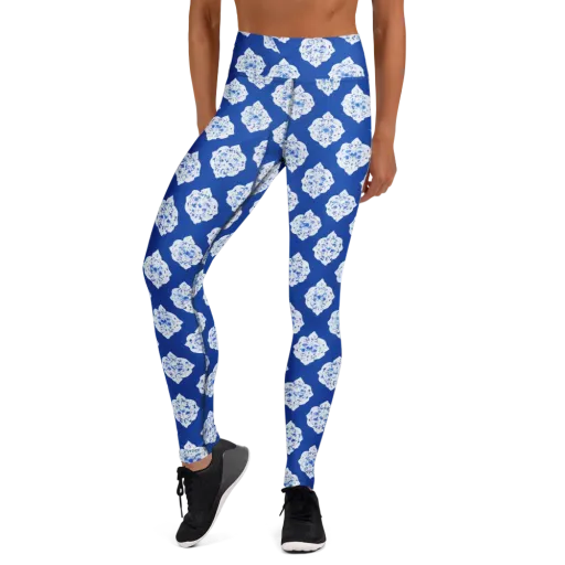 Blue Porcelain Bloom on a Yoga Leggings
