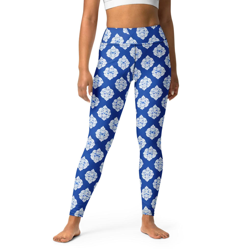 Blue Porcelain Bloom on Yoga Leggings — Front