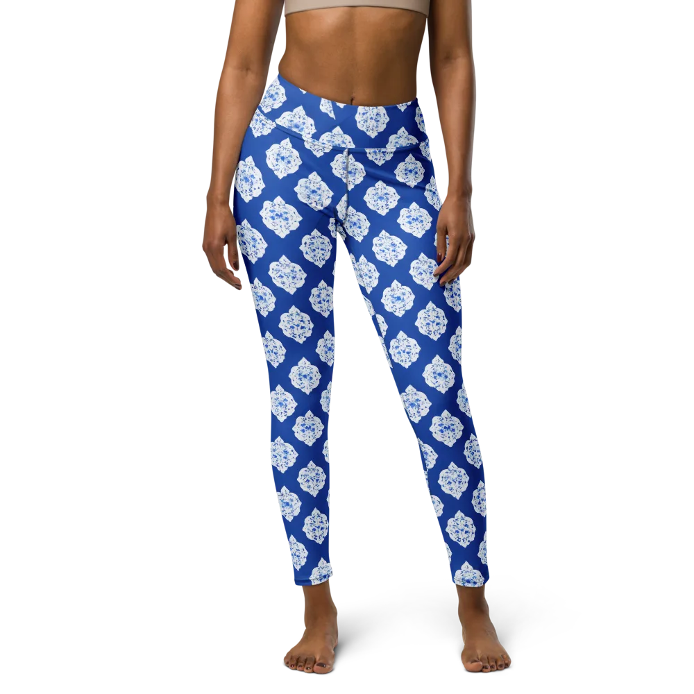 Blue Porcelain Bloom on Yoga Leggings — Front
