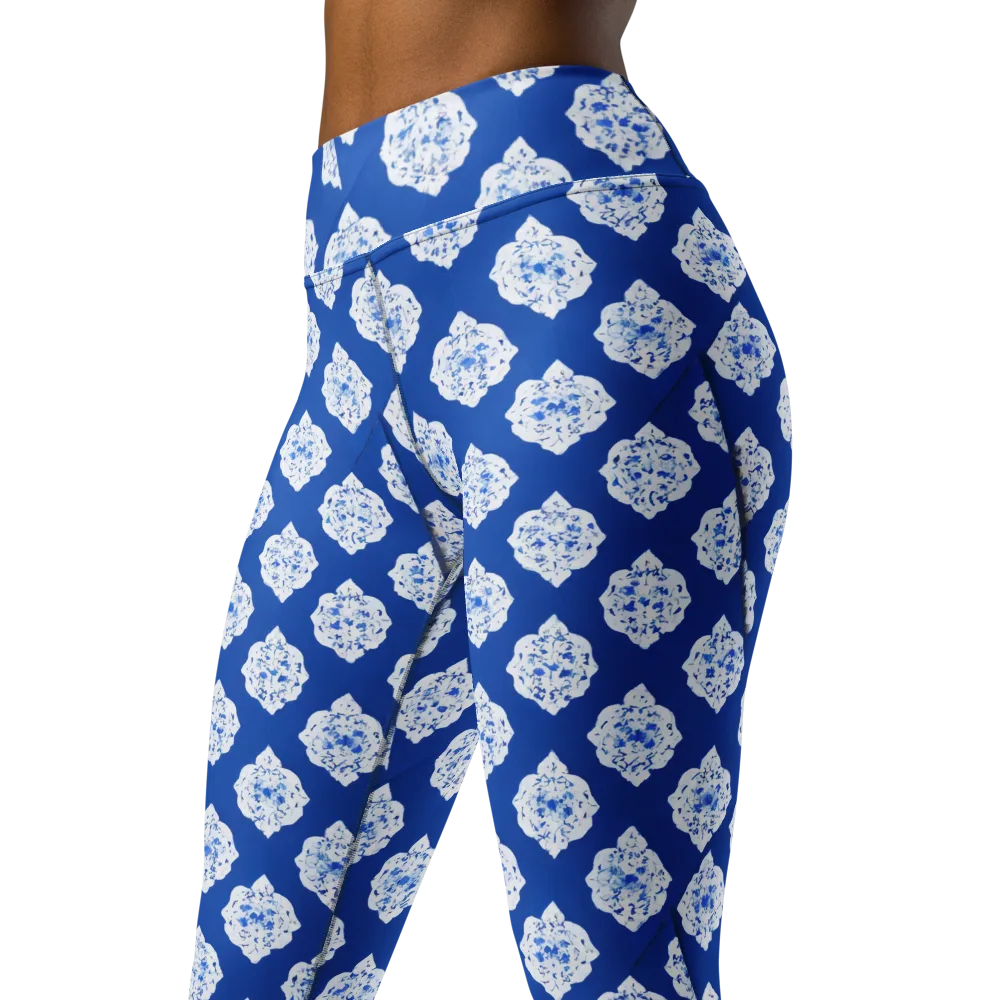 Blue Porcelain Bloom on Yoga Leggings — Left Front