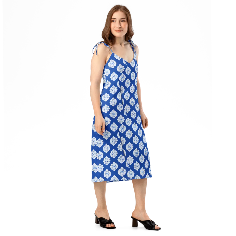 Blue Porcelain Bloom on Slip Dress — Right Front