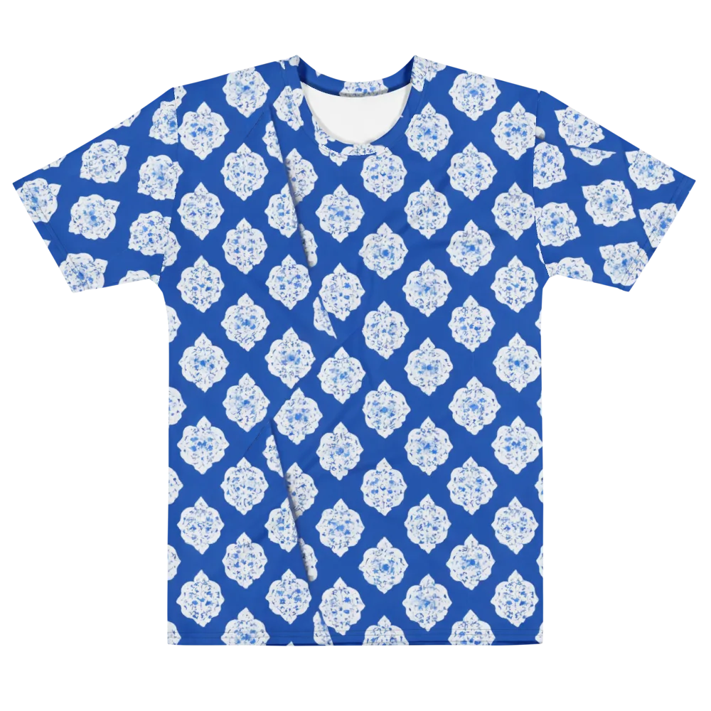 Blue Porcelain Bloom on Men's Cotton Crew Neck T-Shirt — Front