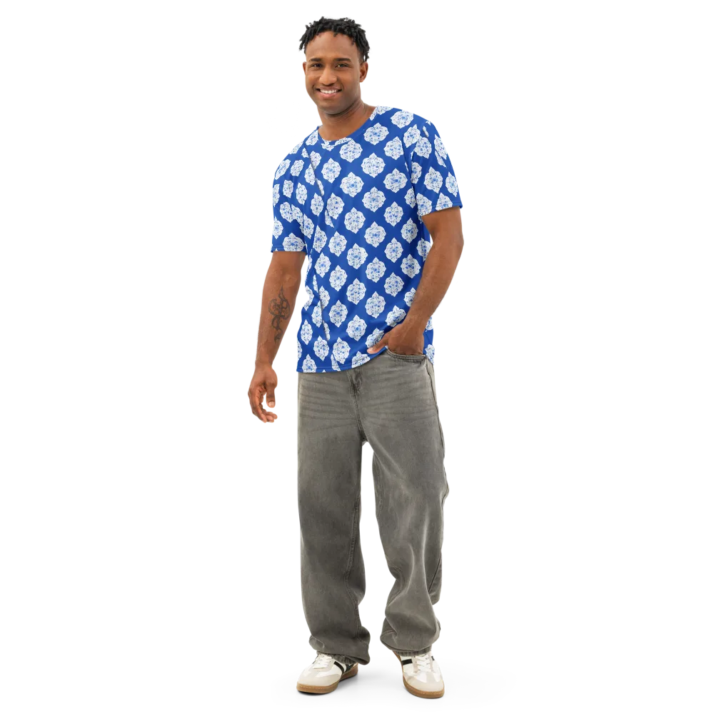 Blue Porcelain Bloom on Men's Cotton Crew Neck T-Shirt — Front