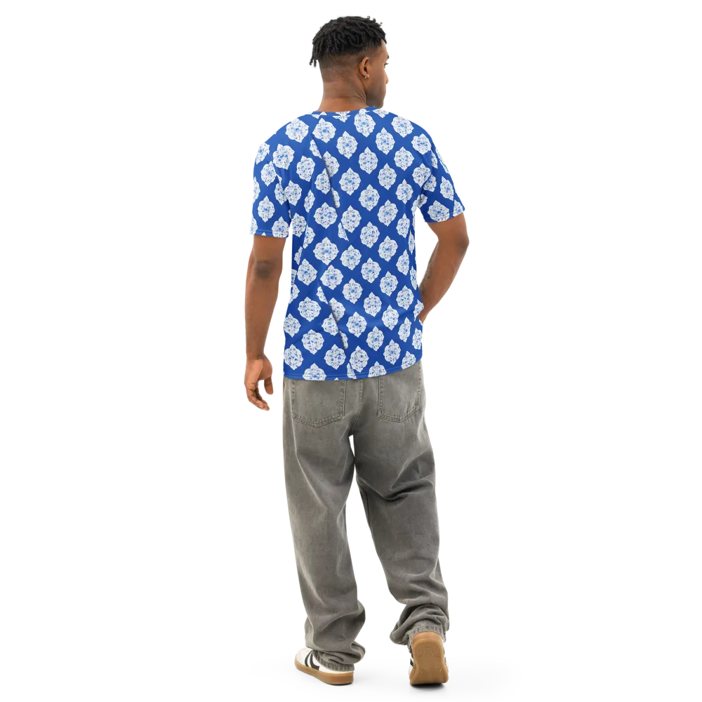 Blue Porcelain Bloom on Men's Cotton Crew Neck T-Shirt — Back
