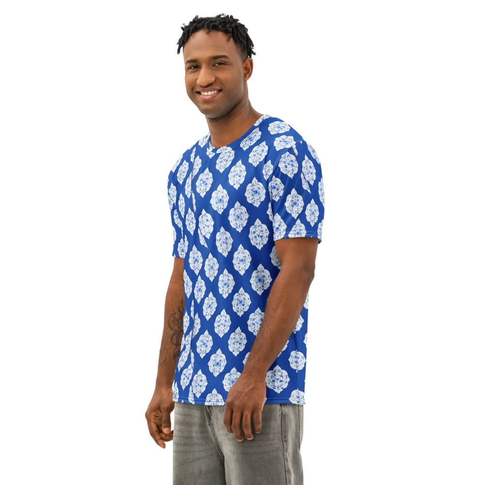 Blue Porcelain Bloom on Men's Cotton Crew Neck T-Shirt — Left Front