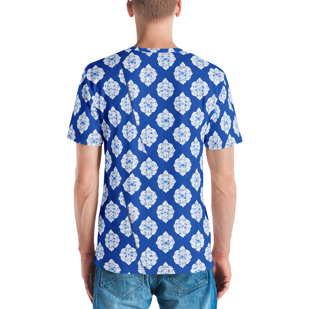 Blue Porcelain Bloom on Men's Crew Neck T-Shirt — Back