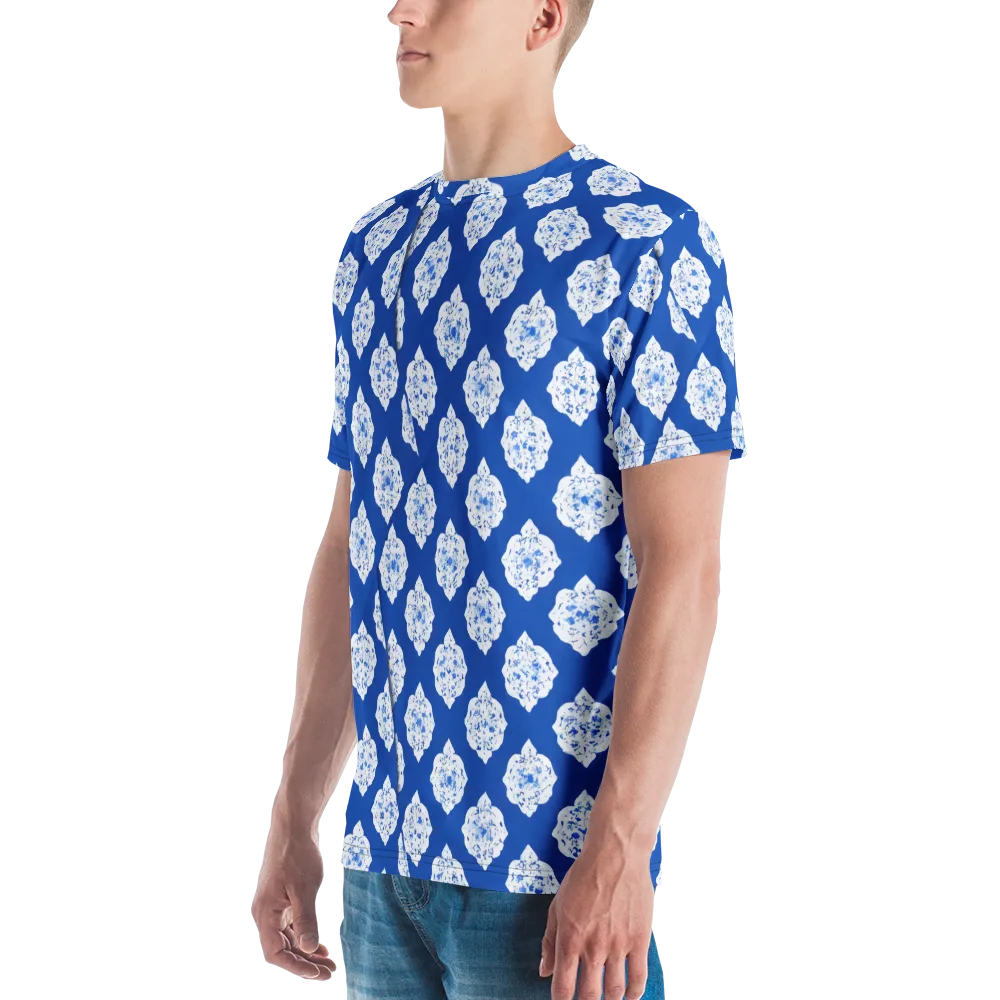 Blue Porcelain Bloom on Men's Crew Neck T-Shirt — Left