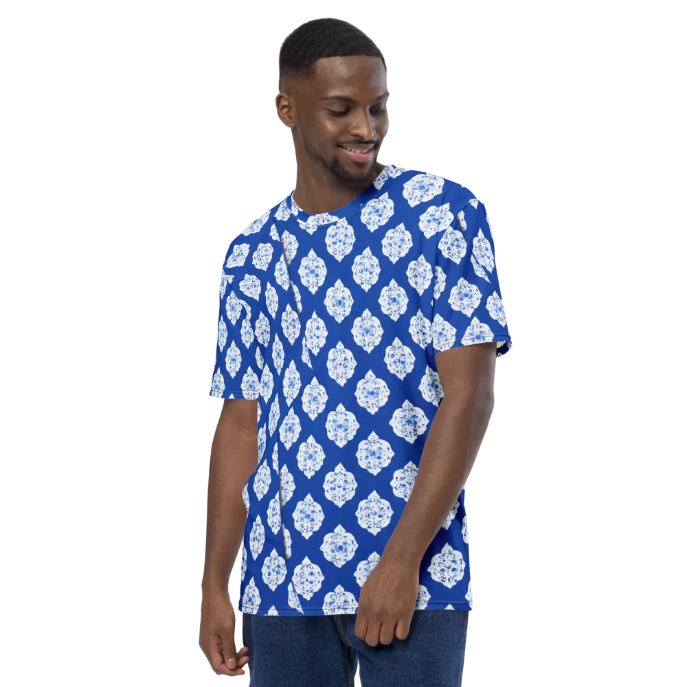 Blue Porcelain Bloom on Men's Crew Neck T-Shirt — Left