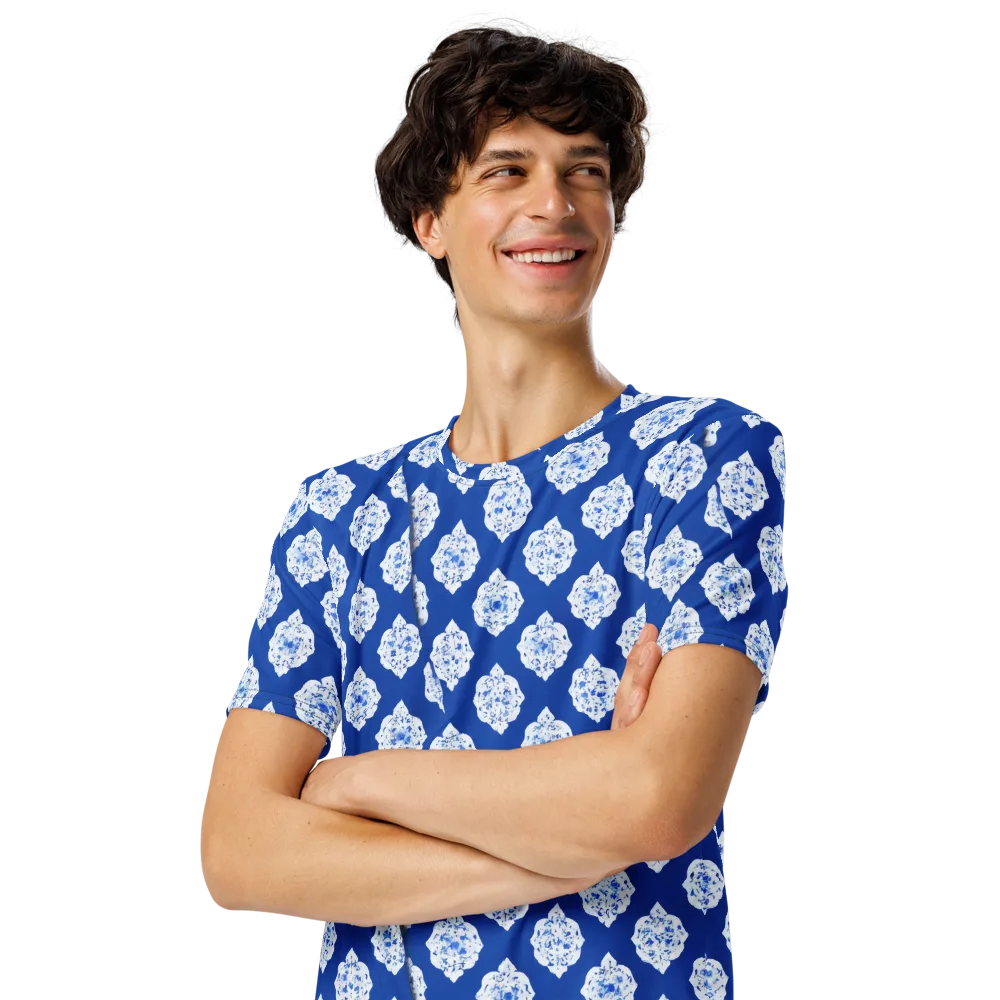 Blue Porcelain Bloom on Men's Crew Neck T-Shirt — Left Front