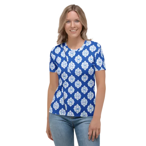 Blue Porcelain Bloom on a Women's Crew Neck T-Shirt