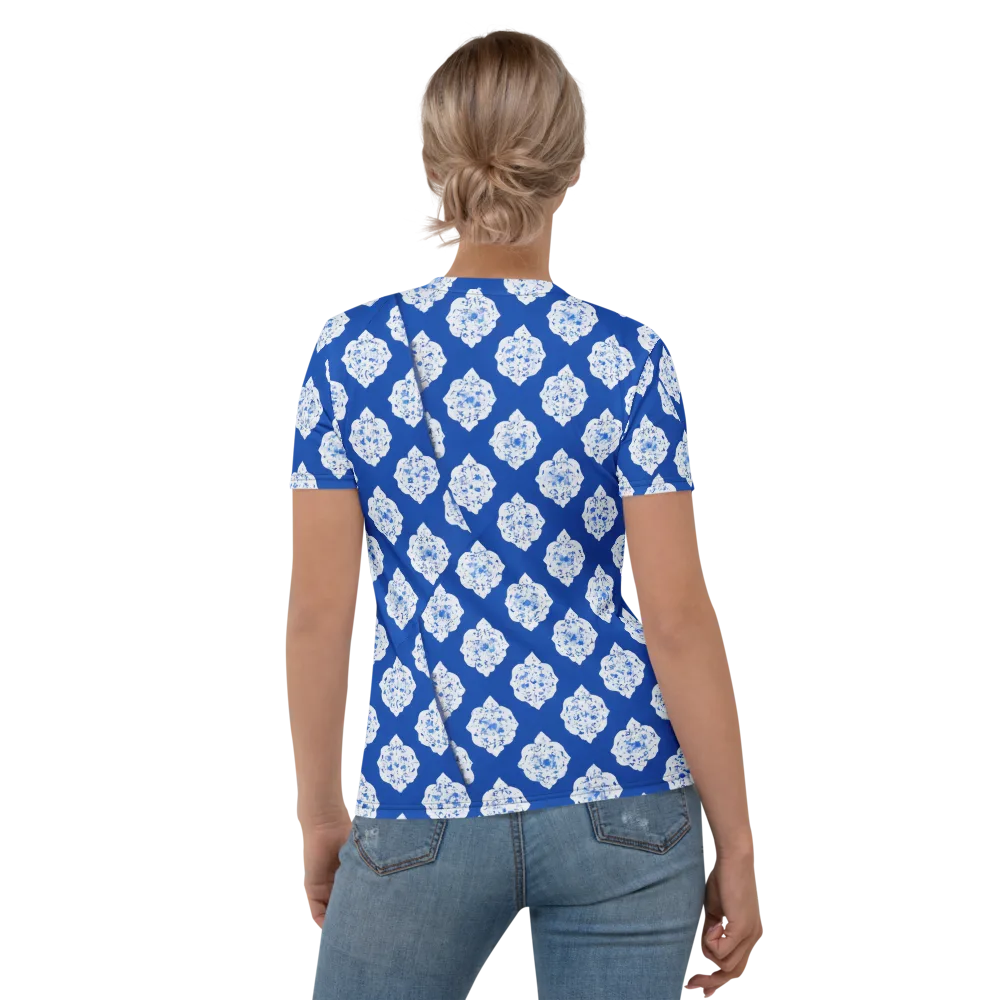 Blue Porcelain Bloom on Women's Crew Neck T-Shirt — Back