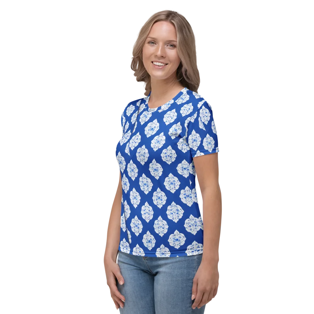 Blue Porcelain Bloom on Women's Crew Neck T-Shirt — Left