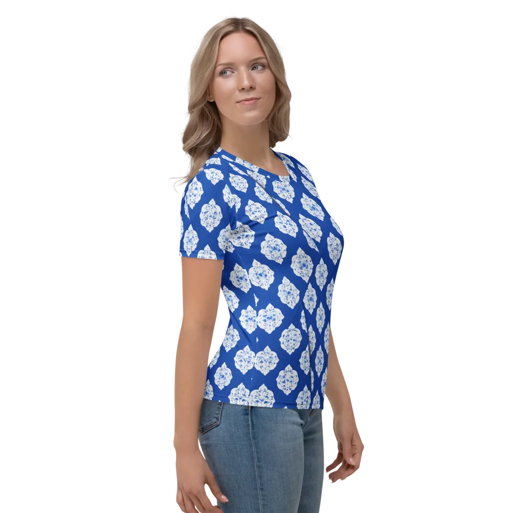 Blue Porcelain Bloom on Women's Crew Neck T-Shirt — Right