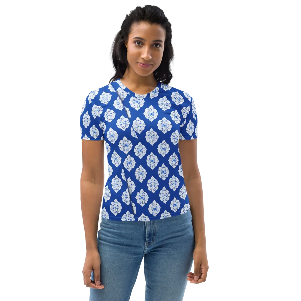 Blue Porcelain Bloom on Women's Crew Neck T-Shirt — Front