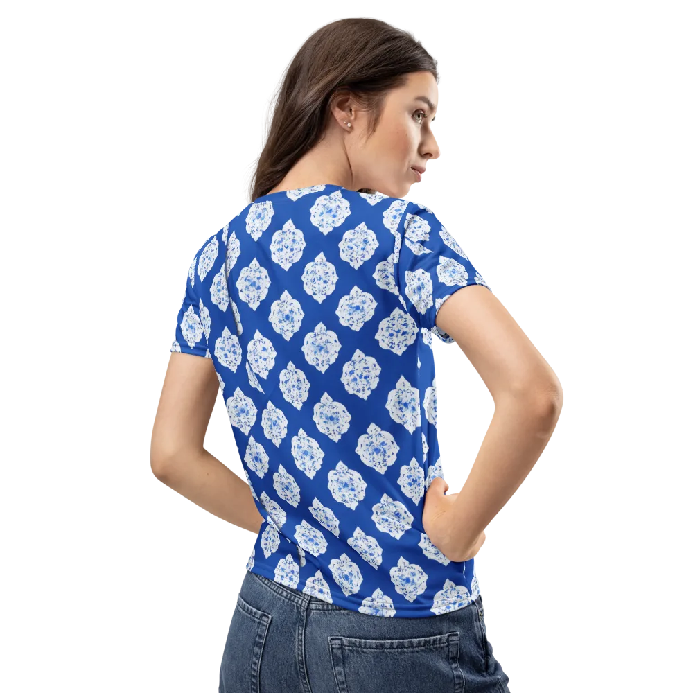Blue Porcelain Bloom on Women's Crew Neck T-Shirt — Back