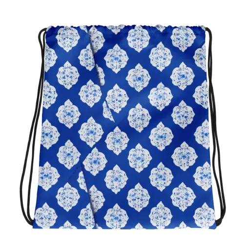 Blue Porcelain Bloom on a Drawstring Bag
