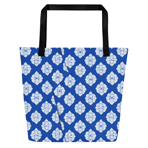 Blue Porcelain Bloom on a Large Tote Bag W/ Pocket
