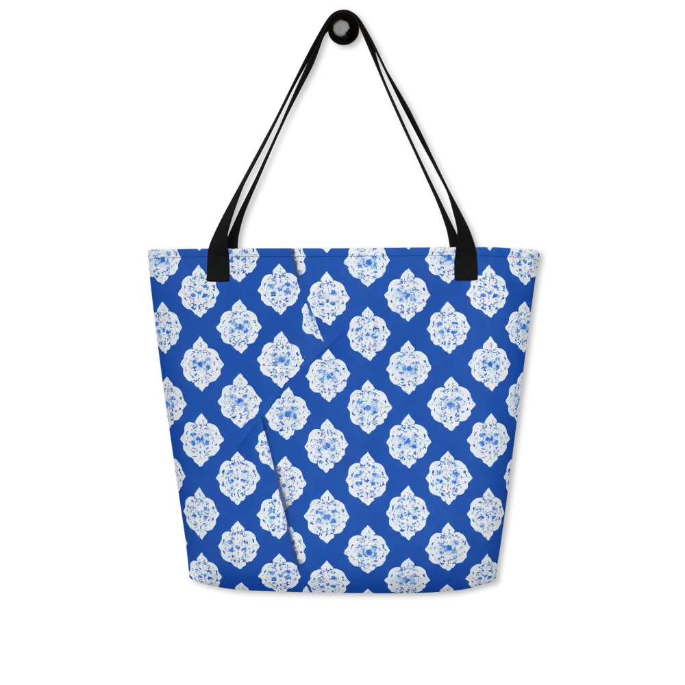 Blue Porcelain Bloom on Large Tote Bag W/ Pocket — Front