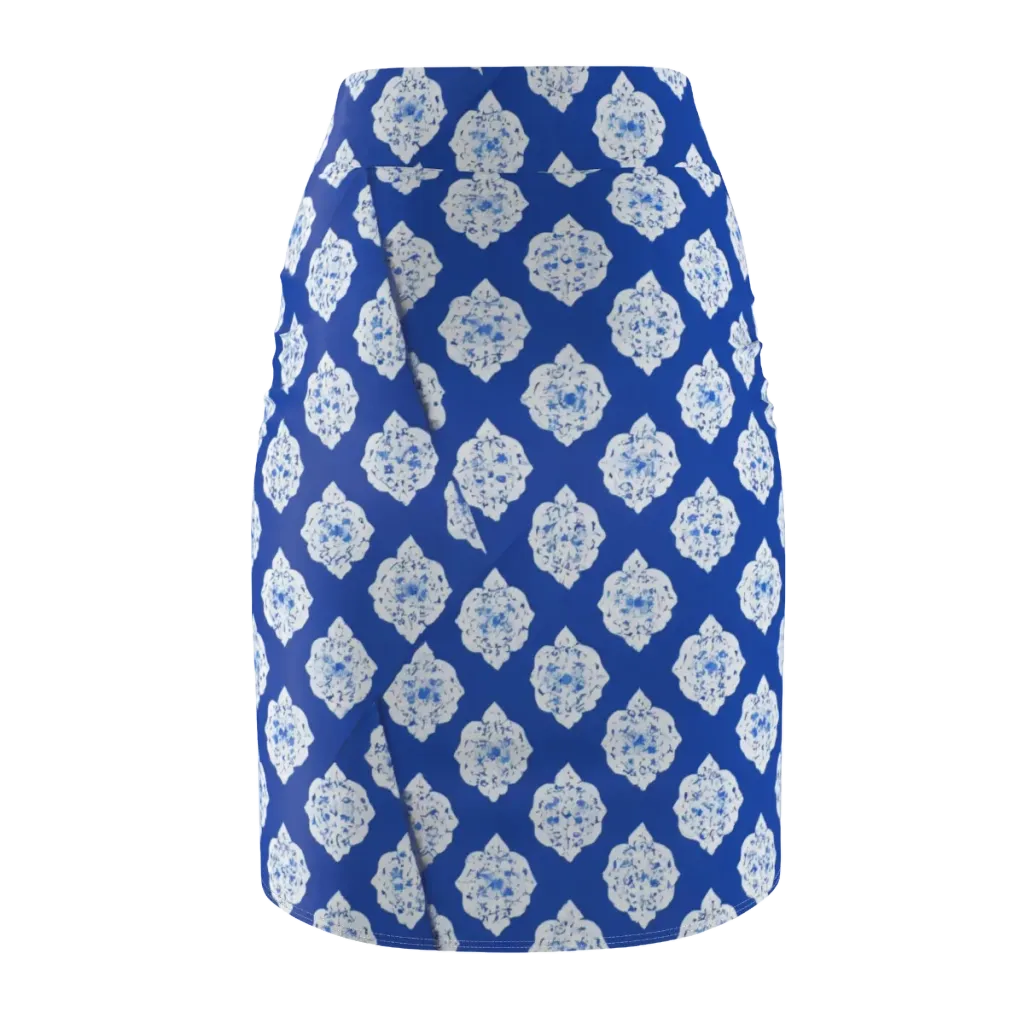 Blue Porcelain Bloom on Pencil Skirt — Back