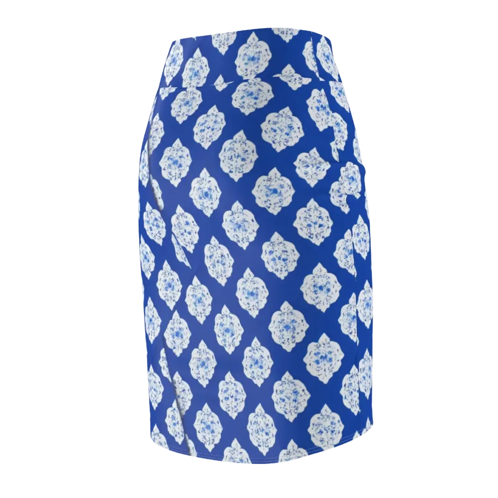 Blue Porcelain Bloom on Pencil Skirt — Back Side