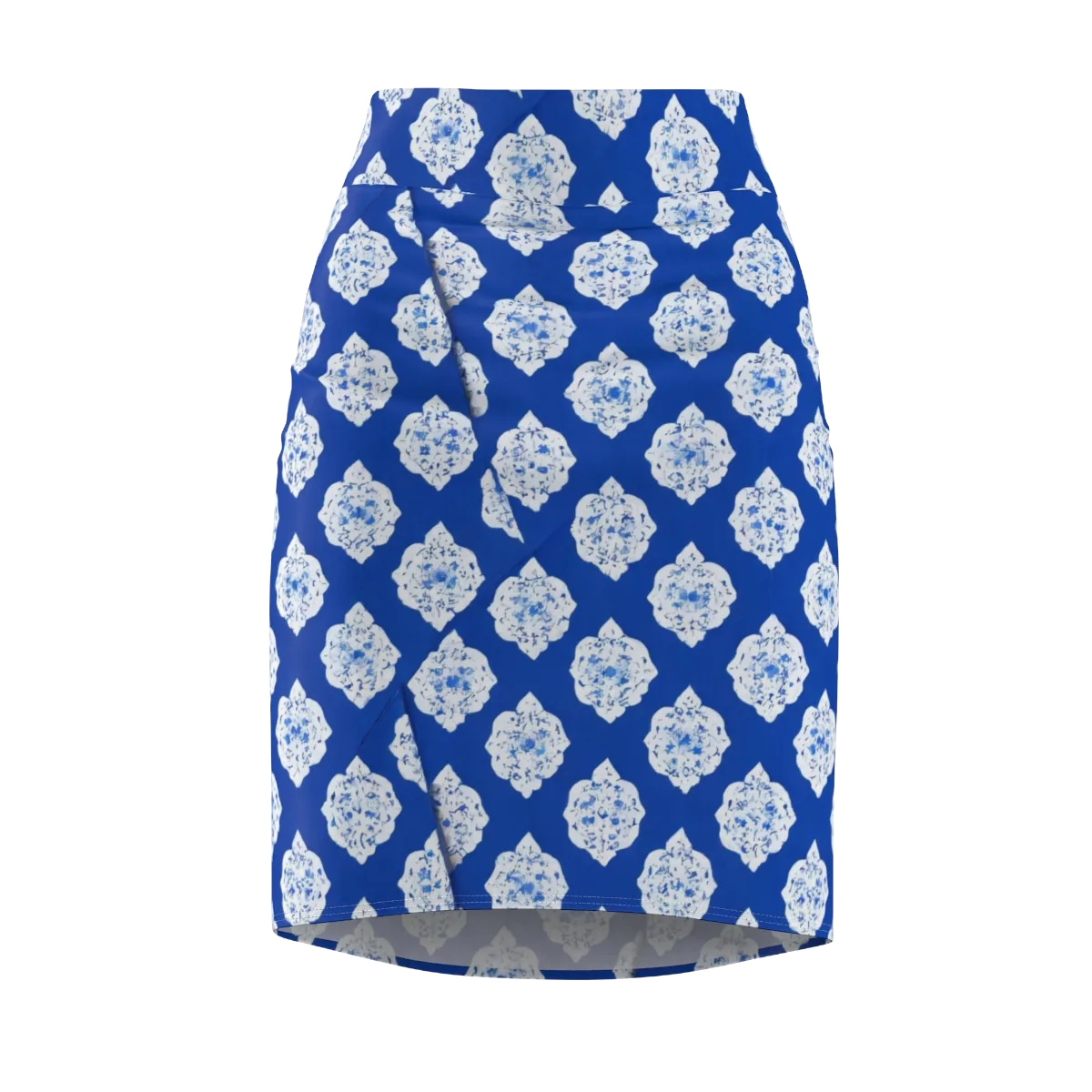 Blue Porcelain Bloom on Pencil Skirt — Front