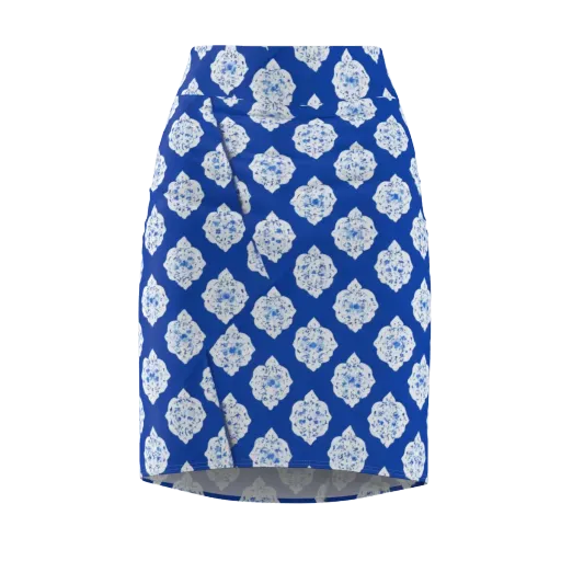 Blue Porcelain Bloom on a Pencil Skirt