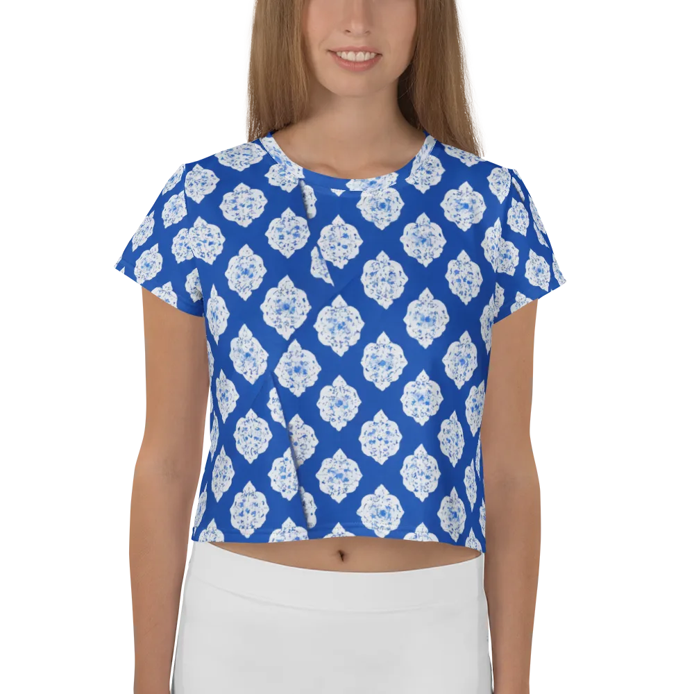Blue Porcelain Bloom on Crop Tee — Front