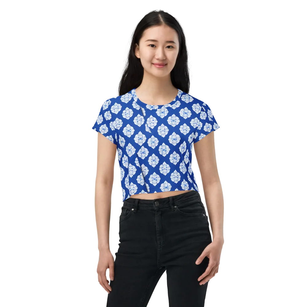Blue Porcelain Bloom on Crop Tee — Front