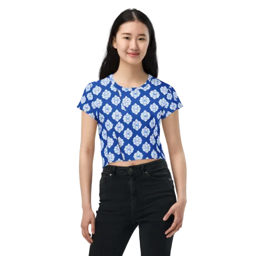 Blue Porcelain Bloom on a Crop Tee