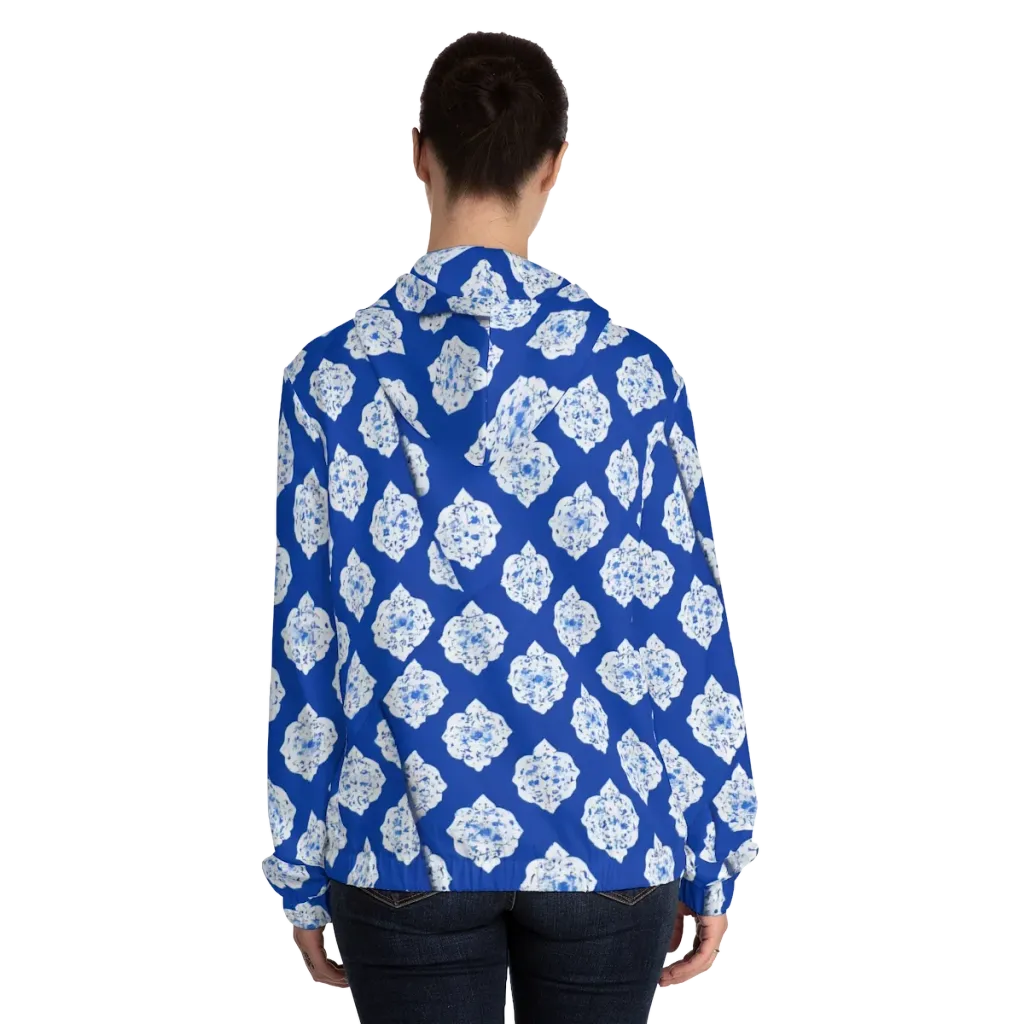 Blue Porcelain Bloom on Women's Full-Zip Hoodie — Back On Person