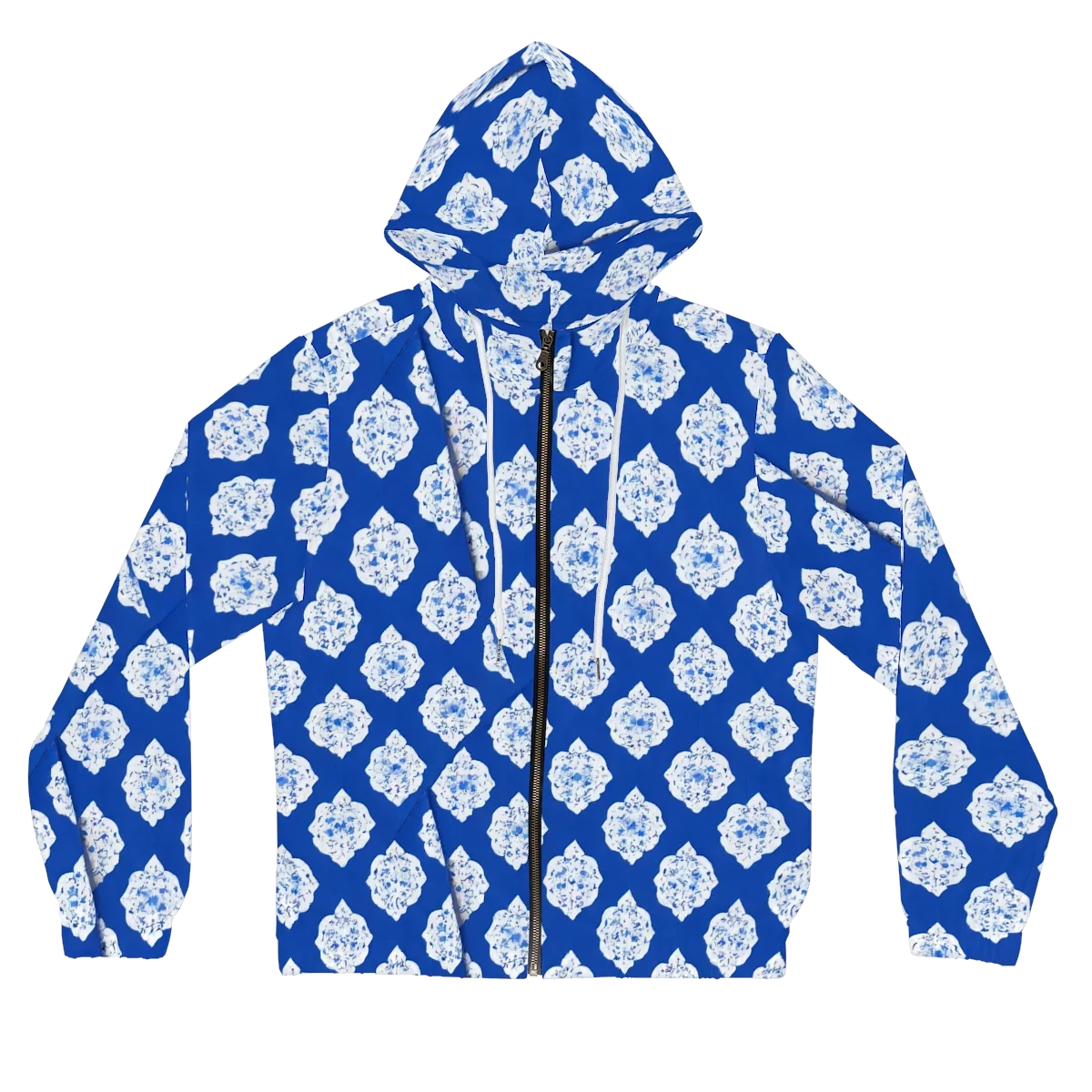 Blue Porcelain Bloom on Women's Full-Zip Hoodie — Front