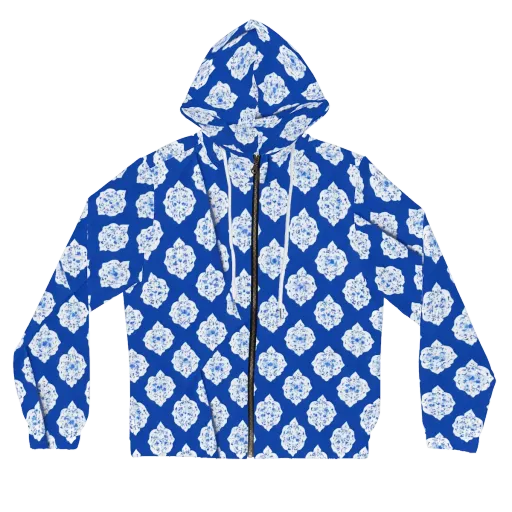 Blue Porcelain Bloom on a Women's Full-Zip Hoodie