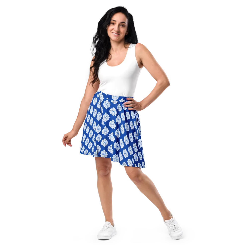 Blue Porcelain Bloom on Skater Skirt — Front