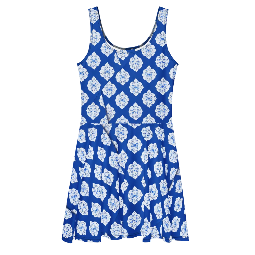 Blue Porcelain Bloom on Skater Dress — Front