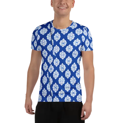Blue Porcelain Bloom on a Men's Athletic T-Shirt